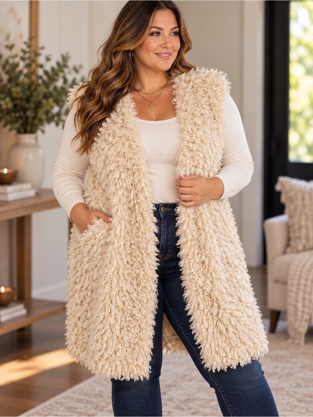 Oatmeal Faux Fur Open Front Vest 4X